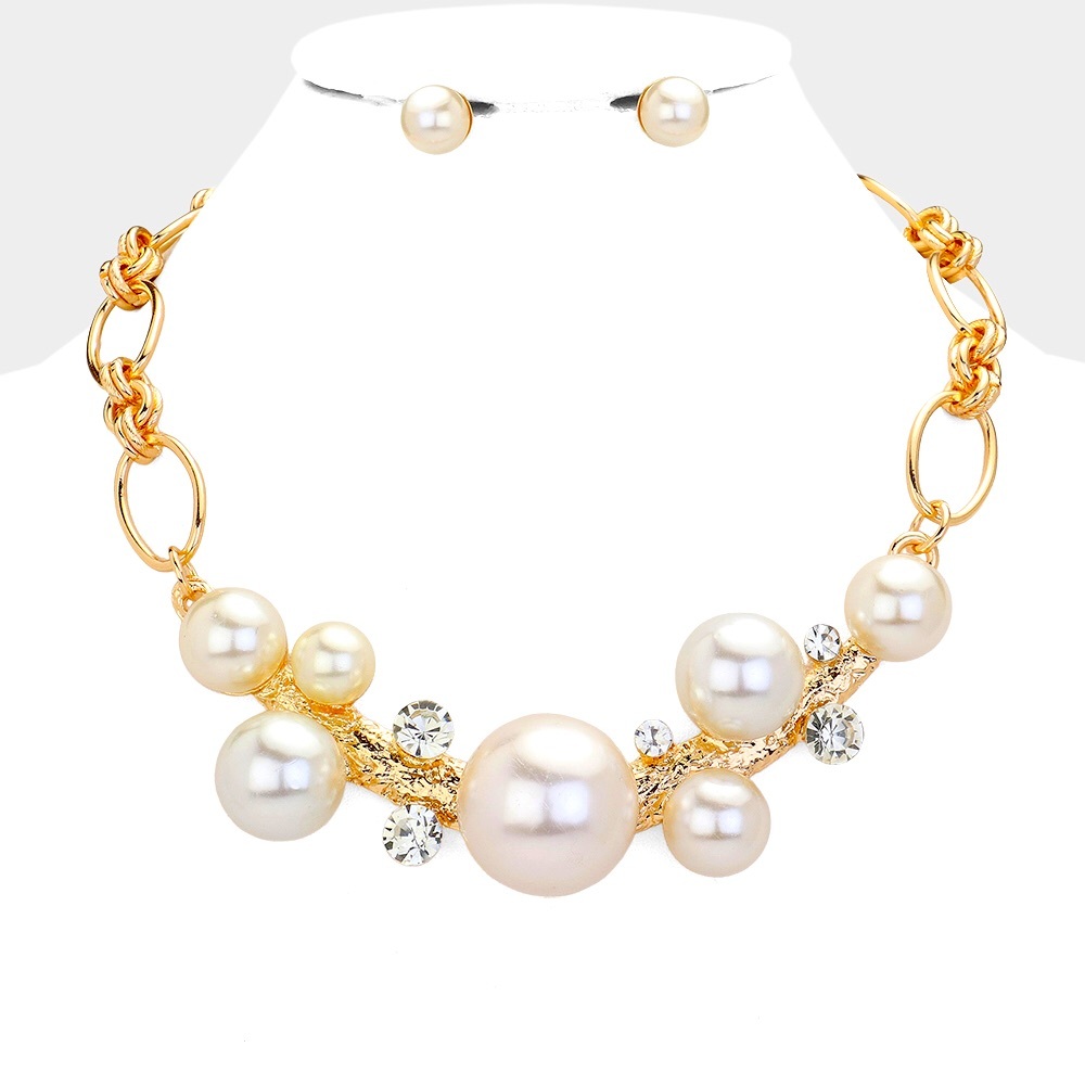 Gold & Cream Pearl Ball Embellished Statement Necklace